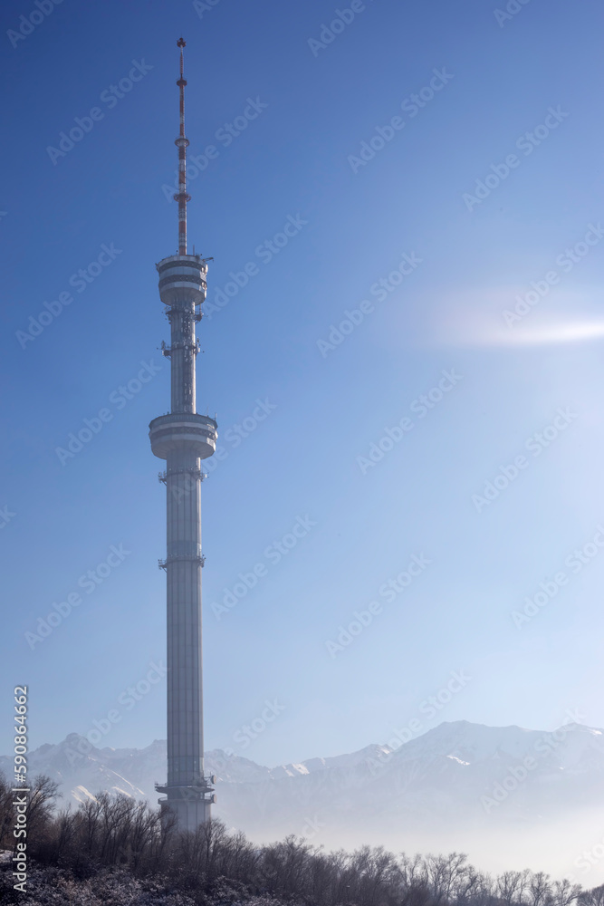 Tall tower with antennae for transmissions on a hill Kok Tobe Kazakhstan