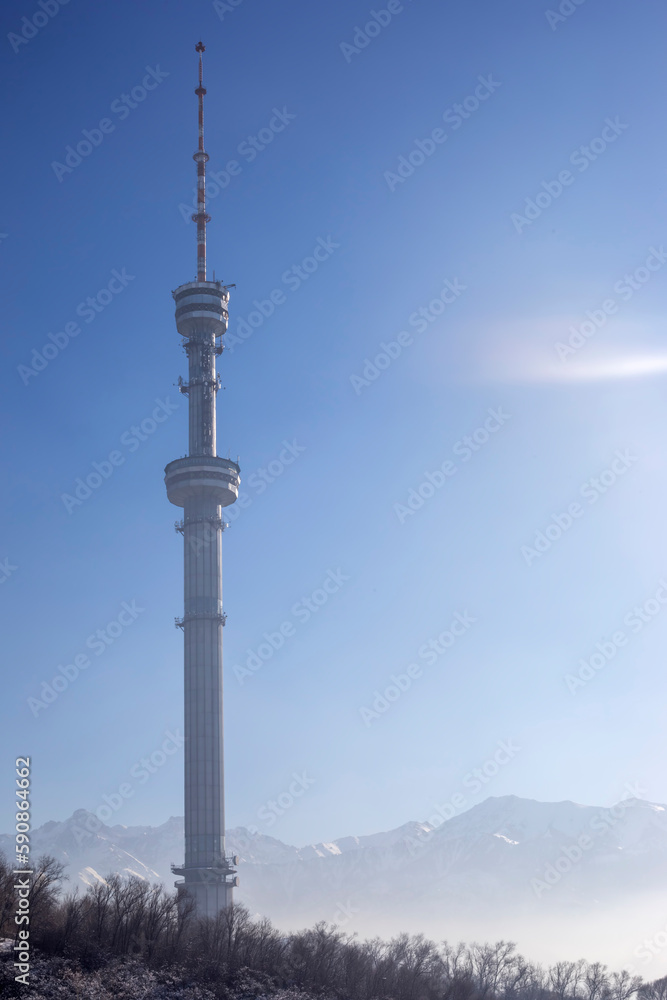 Tall tower with antennae for transmissions on a hill Kok Tobe Kazakhstan Tall tower with antennae for transmissions on a hill Kok Tobe Kazakhstan