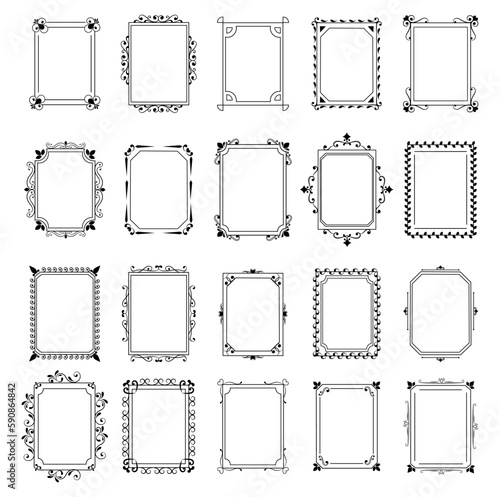 Vintage border frame, ornament decor. Fancy elegant flourish, antique floral ornate for retro menu or book covers. Curved vignette decorative elements, vector recent line filigree design set