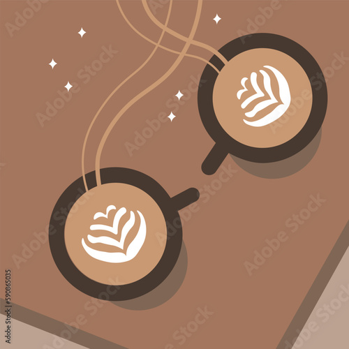 Coffee talk. Color image of two cups of hot coffee. Hand drawing. Flat vector illustration, flat lay content