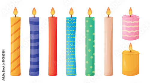 Set of vector Cartoon colorful Wax Candles. Festive Birthday collection of design elements.