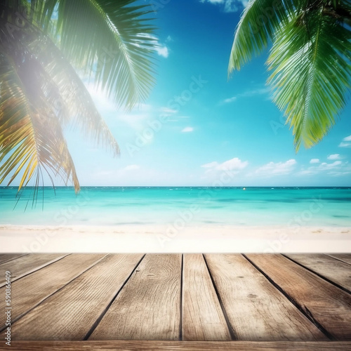open wooden plank on beach with palm in background, tropical, in the style of dark turquoise and beige, soft and dreamy atmosphere, lively tableaus, high dynamic range, texture-rich, natural lighting,