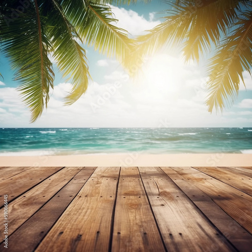 tropical beach, palm trees and ocean with wooden deck, in the style of spectacular backdrops, vintage imagery, panel composition mastery, strong contrast between light and dark, stock photo, mountain
