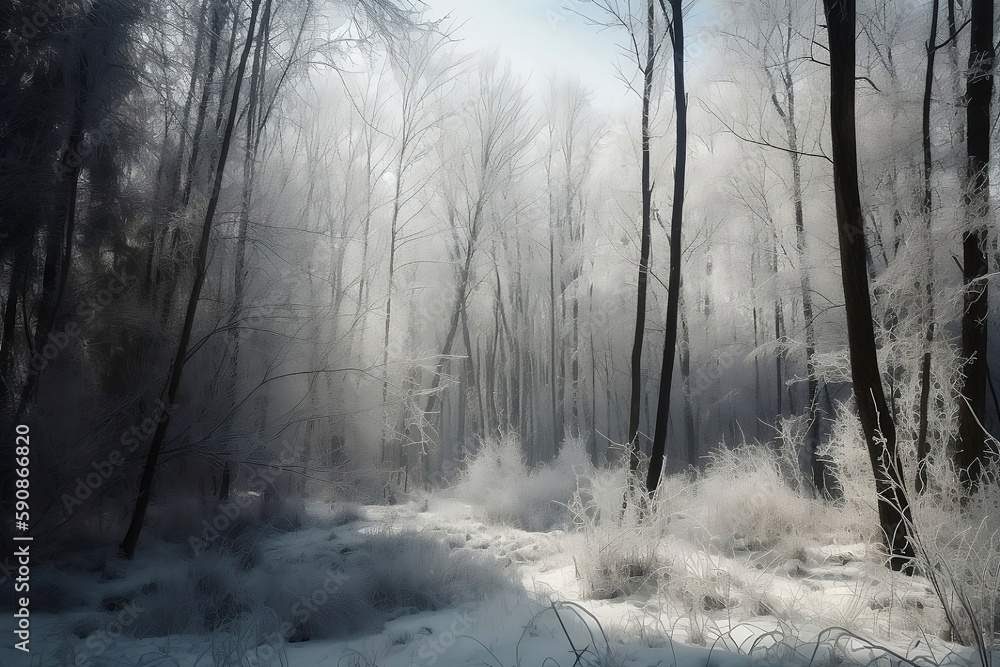 Obraz premium Snowy Winter Forest with Snowfall on Background