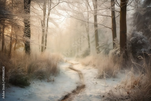Snowy Winter Forest with Snowfall on Background © Thares2020
