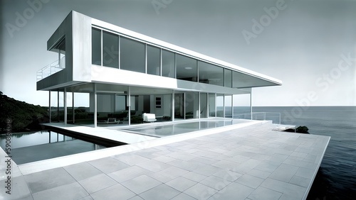 Modern luxury beach house or hotel on seashore or ocean coast  generative ai