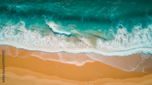 Top view aerial image from drone of an stunning beautiful sea landscape beach with turquoise water. Beautiful Sand beach with turquoise water. AI Generated © benjawan