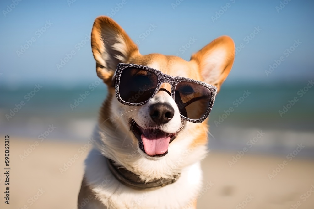 Happy dog on the beach, summer vacation, travel concept, generative ai