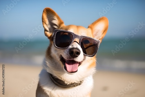 Happy dog on the beach, summer vacation, travel concept, generative ai © inspiretta