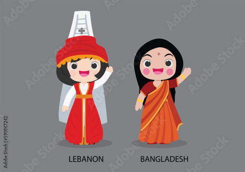 Lebanon peopel in national dress. Set of Bangladesh woman dressed in national clothes. Vector flat illustration.