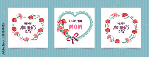 Set of mothers day greeting cards design with hearts and carnation flower decoration. Vector illustration.