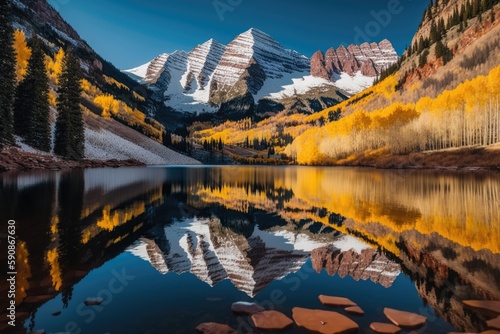 serene lake reflecting the majestic mountain range in the background. Generative AI