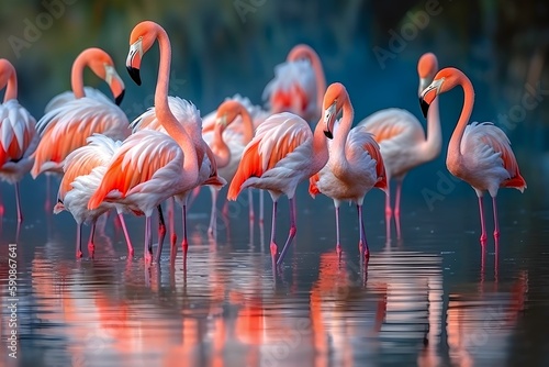 Flamingos standing in a lake in the evening light