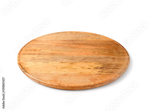 Round wooden kitchen board isolated on white background