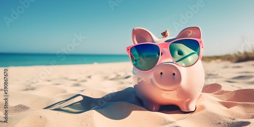 Summer piggy bank wearing sunglasses on the beach, generative ai © inspiretta