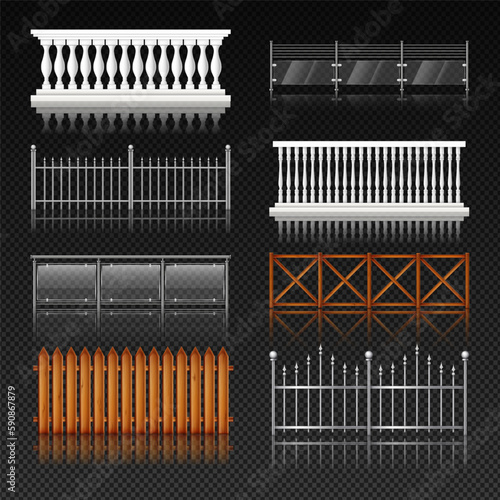 Balcony railing. Metal or glass handrail. Wooden terrace fence with banister. Steel stairway in building. Architecture elements. Realistic enclosures set. Vector design construction