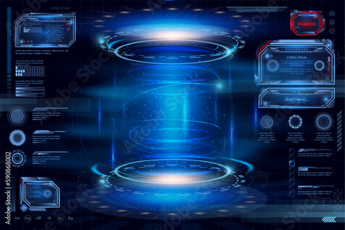 Game interface. Futuristic HUD background. 3D cyber space design. Spaceship technology. UI cyberpunk elements. Glowing tech frame. Hologram virtual dashboard. Vector computer infographic