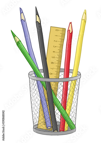 Metal pencil case with five colored pencils and a ruler