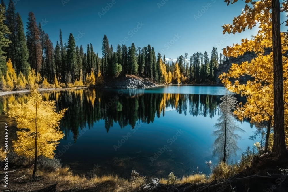 serene lake with autumnal trees in the background. Generative AI