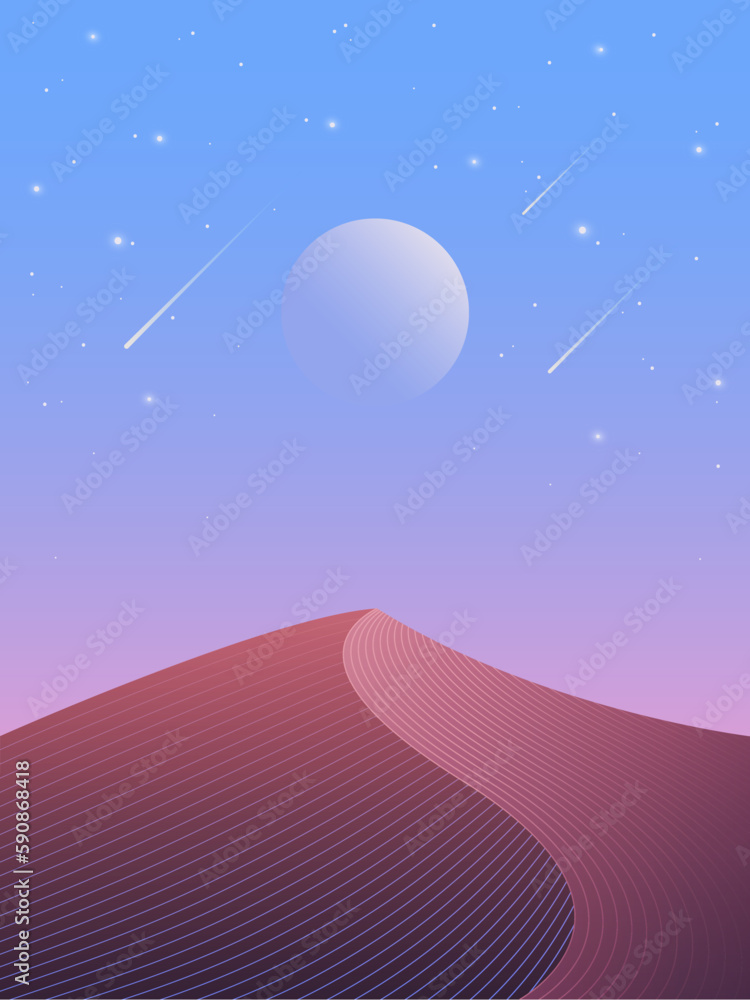 Obraz premium Illustration of night desert with sand dune, full moon and starry sky view.