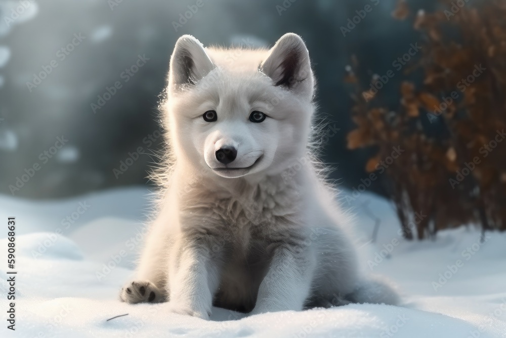 Obraz premium Baby wolf in snow nature. Generate Ai