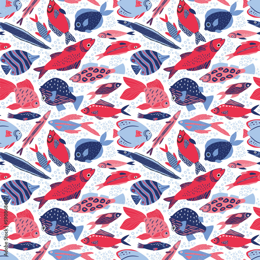 Obraz premium Doodle fish fabric, children pattern. Swimming sea nature for baby or kid textile decor, comic hand drawn animals, cute ocean sign. Wrapping paper, wallpaper design. Vector seamless print