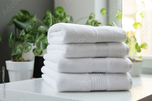 White clean towels stack on table in bathroom, generative ai image