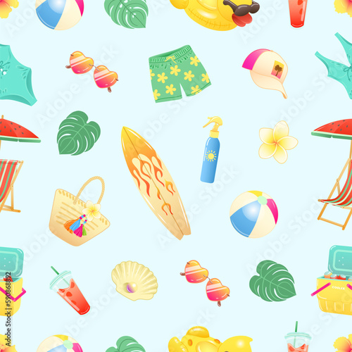 Seamless pattern with beach summer accessories on light blue background Vector illustration