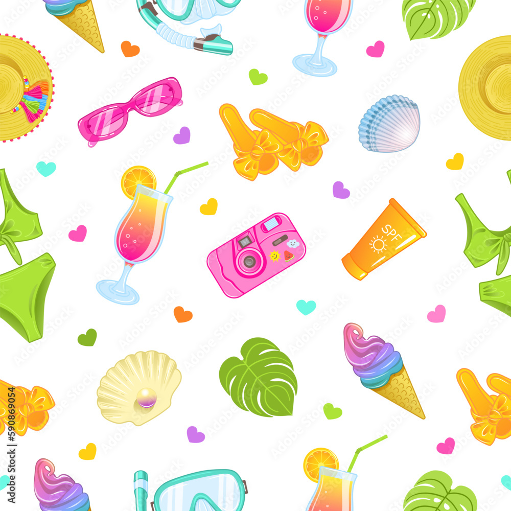 Seamless vector pattern with summer beach accessories in bright colors
