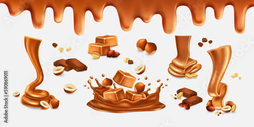 3d caramel toffee, melting liquid sugar drip. Sticky candy syrup natural food isolated elements, nuts and peanut, chocolate pieces, smudges and puddle, vector realistic illustration