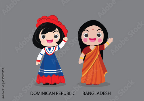 Lebanon peopel in national dress. Set of Bangladesh woman dressed in national clothes. Vector flat illustration.