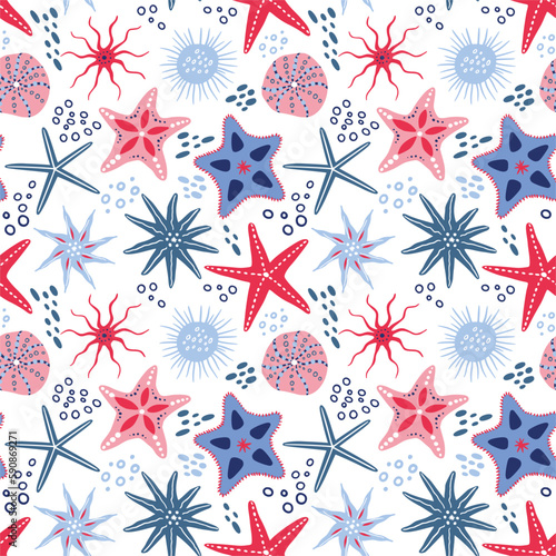 Tropical sea, starfish ocean pattern. Cute doodle stars, beach fish, summer baby nature art, comic hand drawn animals, kid textile. Wrapping paper, wallpaper design. Vector seamless background