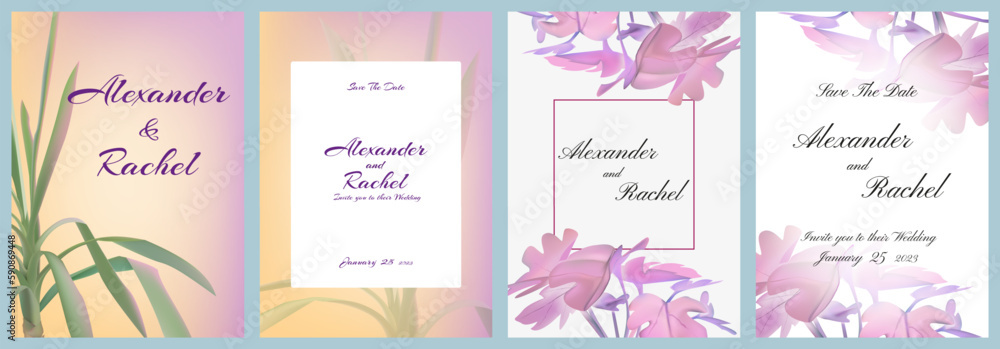 Wedding invitation cards with nature leaf. Engagement or anniversary banners, nature plants. Herbarium frames. Posters with copy space. Botanical cards with pink elements. Vector design template