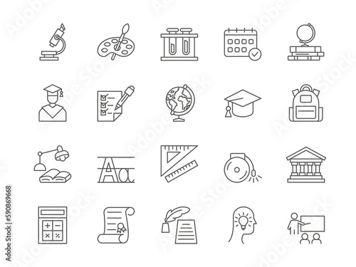 School line icons. Students academic studying. Master or graduate. Teacher at class blackboard. College lesson. University education. Books and stationery. Vector outline strokes set