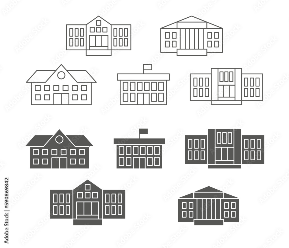 School education. University campus. College building icons. Elementary facility. Library and preschool studying. Line or silhouette schoolhouse architecture. Vector outline symbols set