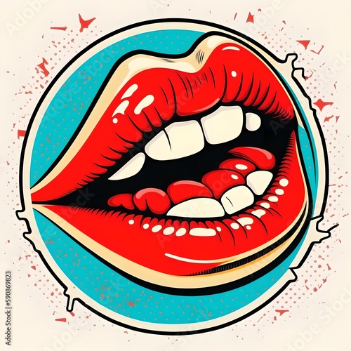Woman red lips, open mouth with teeth and tongue, pop art generative ai illustration plump lips with red lipstick