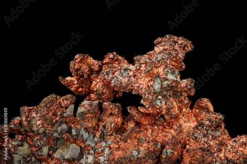 native copper (Cu) with black background. macro detail texture background. close-up raw rough unpolished semi-precious gemstone