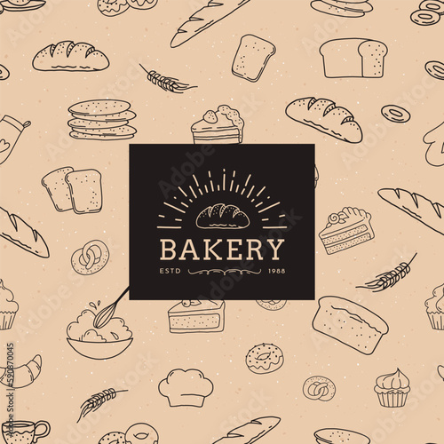 Bakery background, boulangerie goods, doodle pattern. Hand drawn line bread, pretzel and muffin. Simple outline baked pastry food, wheat croissant. Vintage style logo. Vector seamless texture
