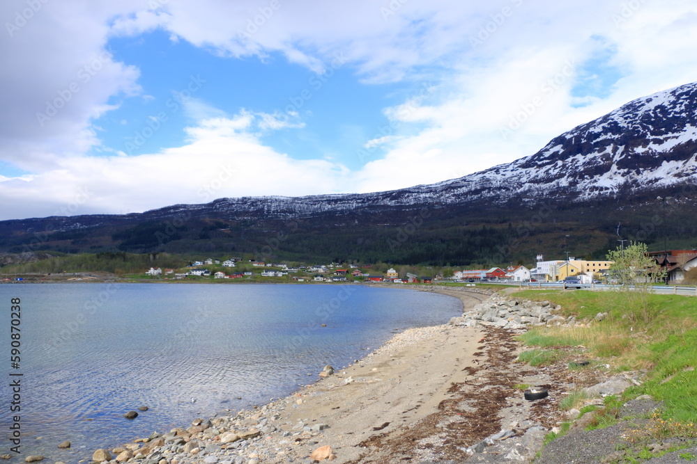 View from Bjerkvik in Norway during a Nordic summer day towards Ofotfjord and Narvik