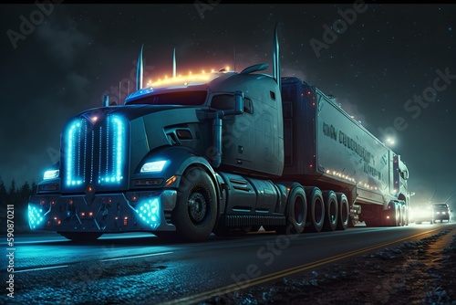 High-tech truck drives along highway at night, controlled by artificial intelligence, guided by sensors built into the highway, generative ai illustration