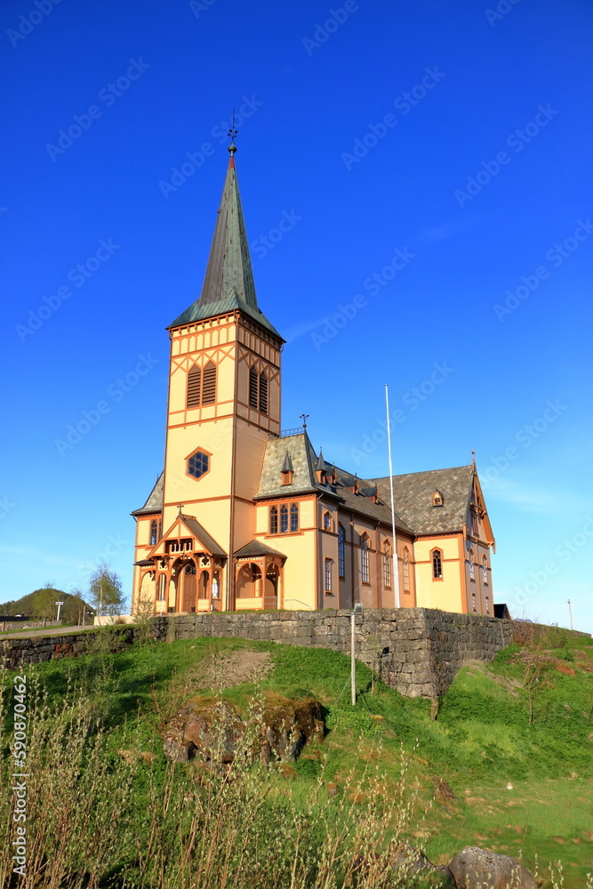 Kabelvag Wooden Church in blue sky, Lofoten Islands, Norway