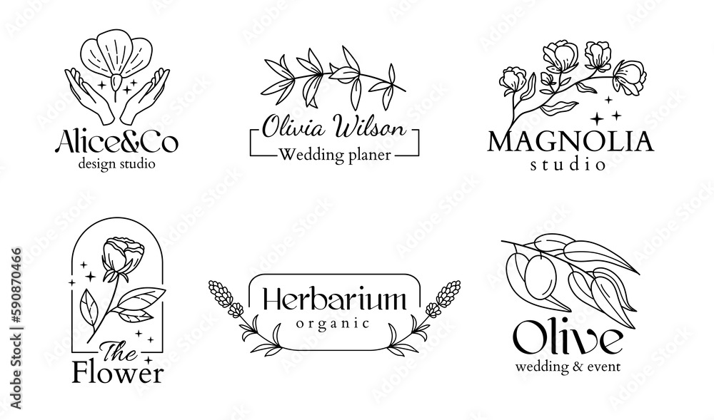 Botanical bohemian logo, wedding chic. Line beauty leaf for cafe, photography and design studio, floral monogram alphabet. Simple logotype template set. Vector illustration botanical frames