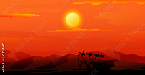 Sahara dunes. India desert sunset. Morocco scenery. Egyptian or Indian silhouettes. Africa journey landscape. Caravan travel by camels. Evening panorama. Red sky. Vector illustration image