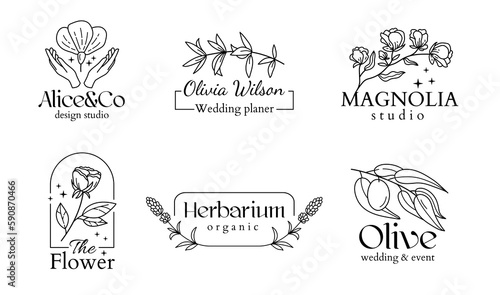 Botanical bohemian logo  wedding chic. Line beauty leaf for cafe  photography and design studio  floral monogram alphabet. Simple logotype template set. Vector illustration botanical frames