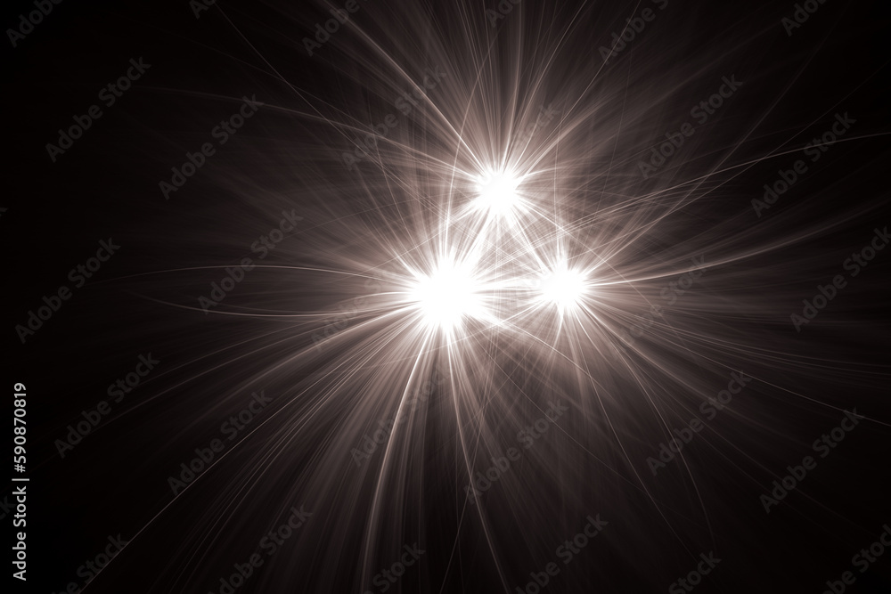 White triple glowing pattern of crooked rays on a black background. Abstract fractal 3D rendering
