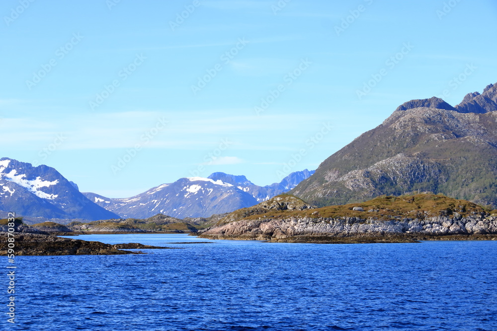 Mountains and fjords on Lofoten islands, Norway viewed from the boat