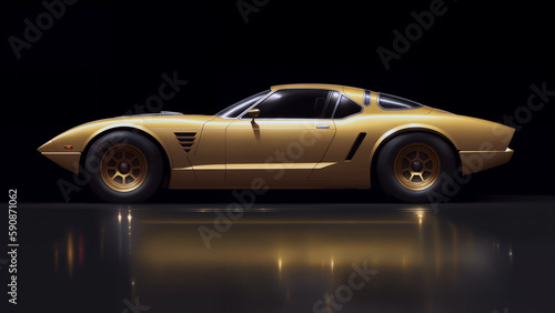 a yellow sports car is shown in a dark room with reflective flooring and a black background with a reflection