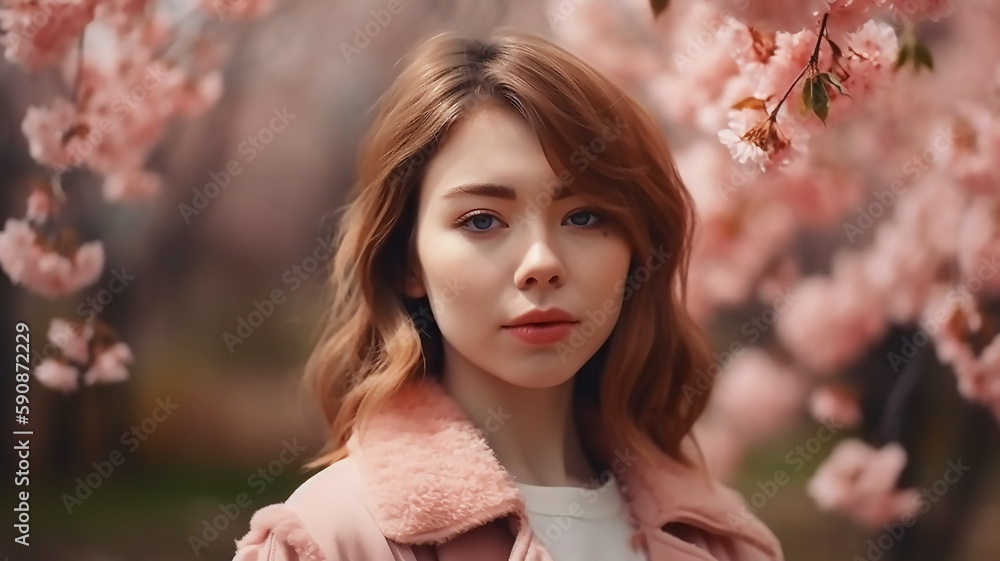  Portrait of tender woman at sakura flowers background, generative AI tools 