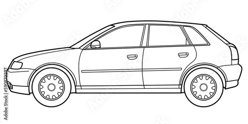 Outline drawing of a hatchback car from side view. Vector outline doodle illustration. Design for print or color book