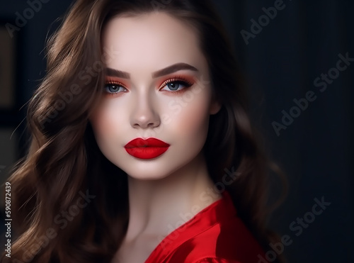 Portrait of beautiful elegant woman with perfect makeup  red lips and red nails on black background   generative AI tools 